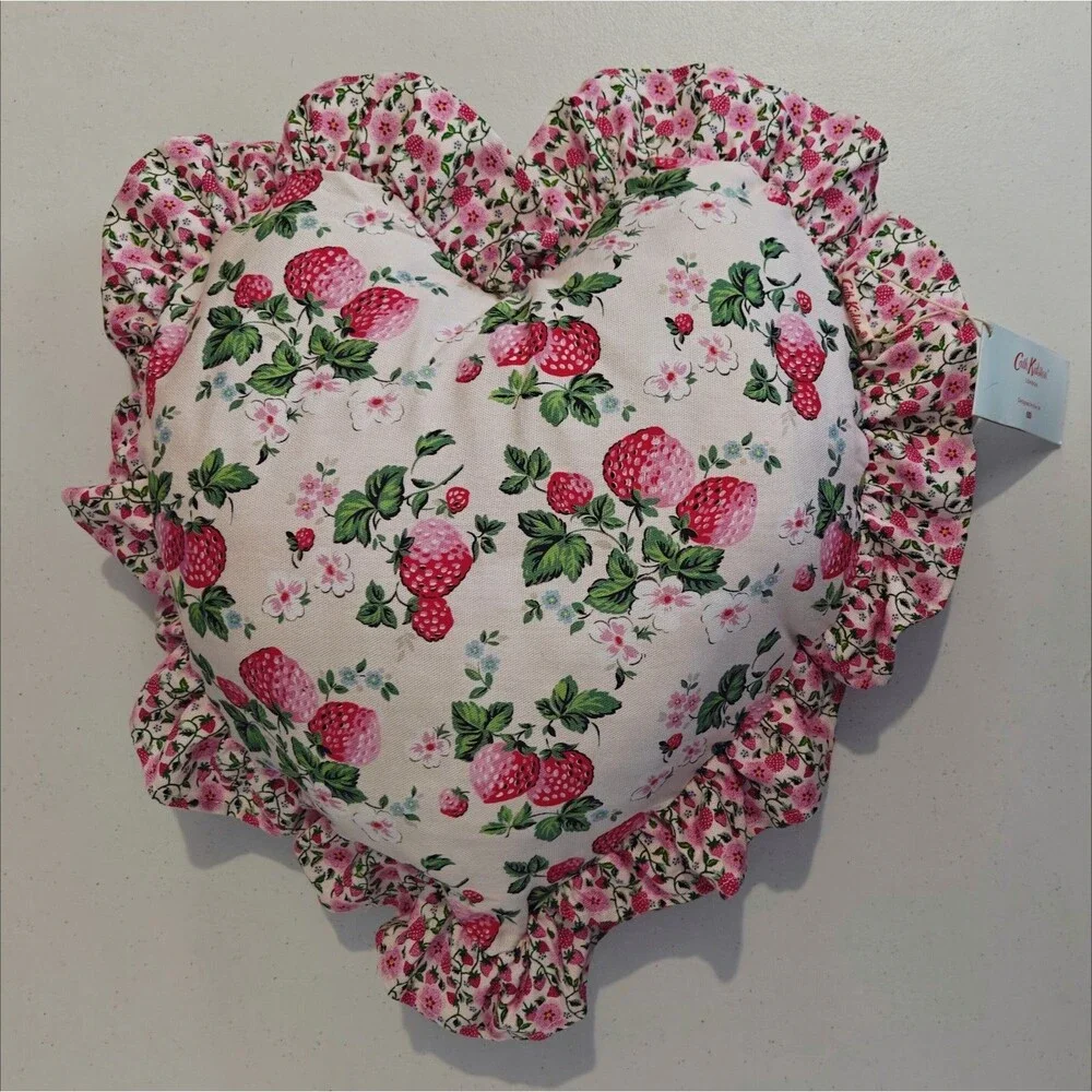 NEW Cath Kidston Strawberry Heart Pillow Ruffle Cotton Cover Toss Throw NWT Pink